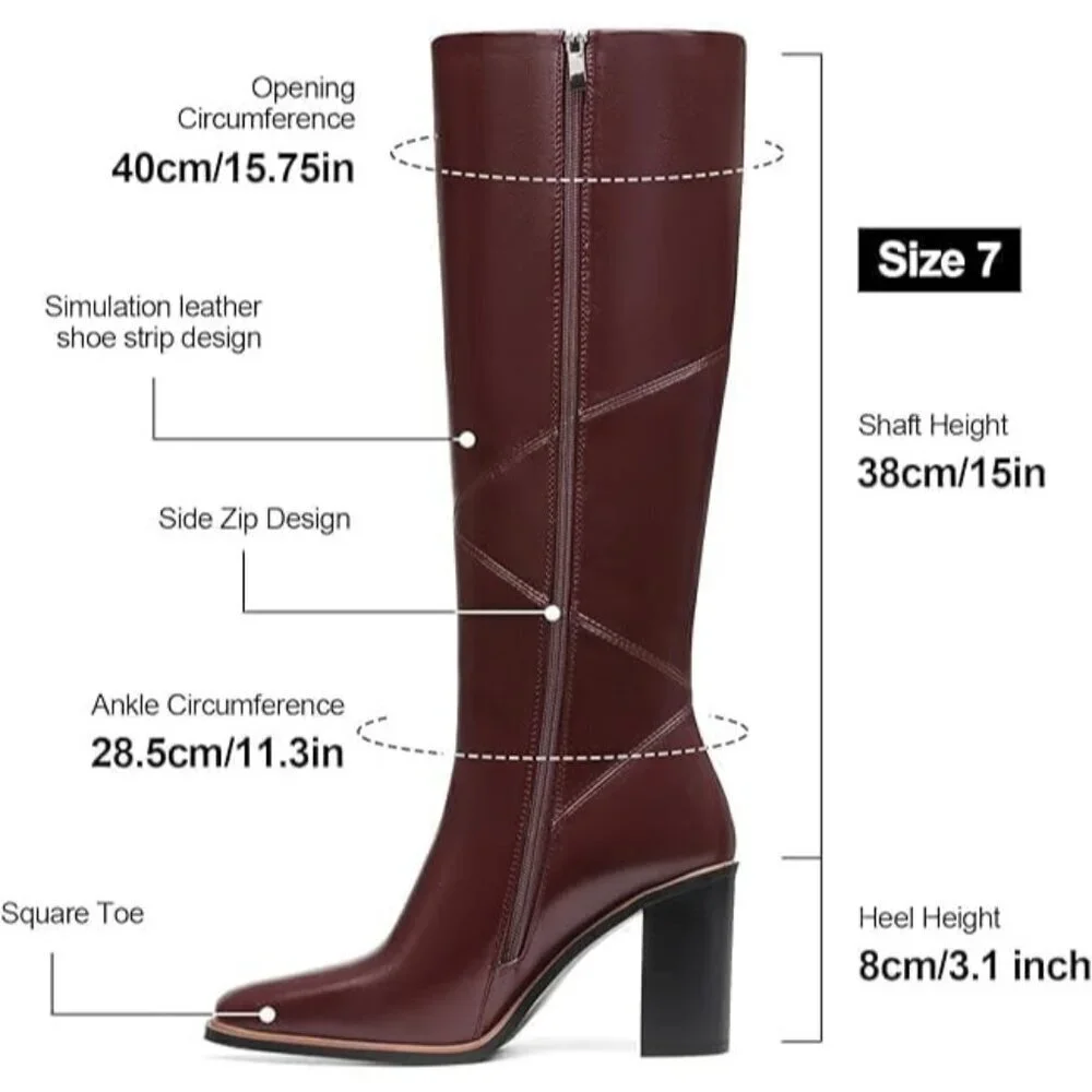 Women’s Polyurethane Burgundy Square Toe Chunky Block Heel Leather Zip Up Boot